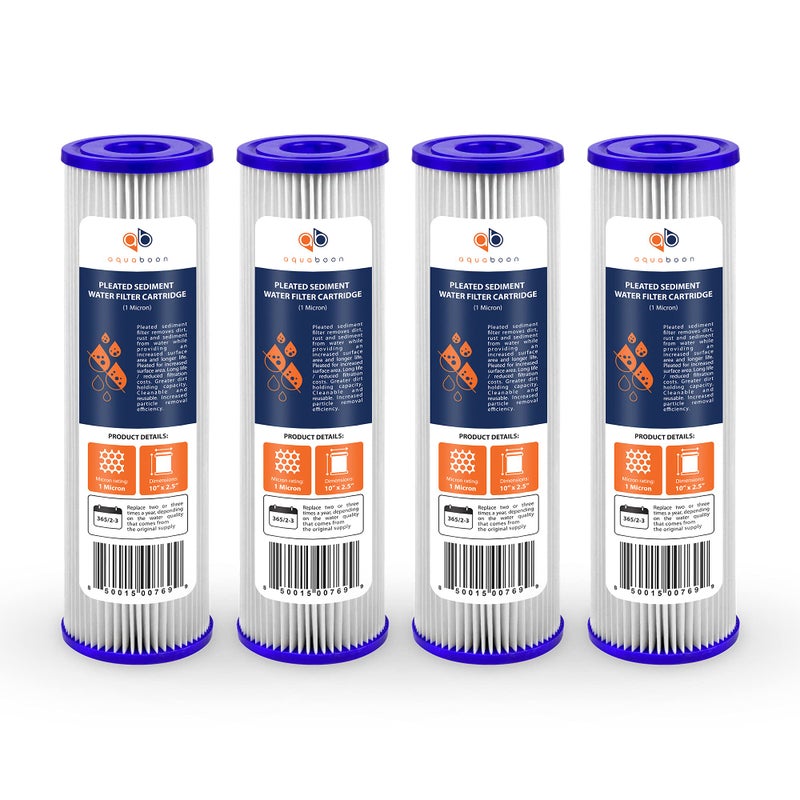 Aquaboon 1 Micron Pleated Water Filter 10 x 2.5 - Whole House Sediment Filter Replacement Cartridge Compatible with WFPFC3002, WHKF-WHPL, 4-Pack - Image 1